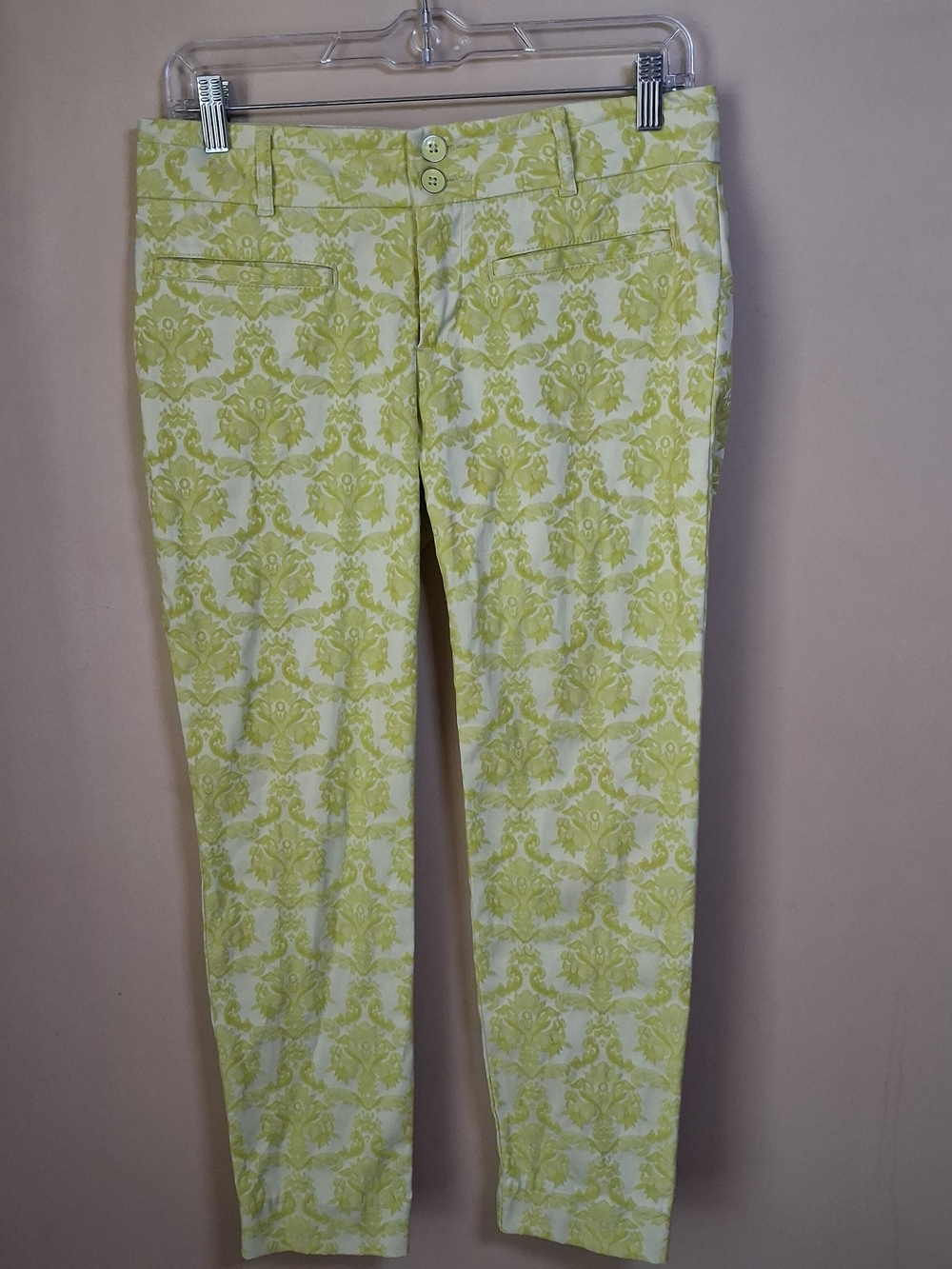 Cartonnier Anthropologie Chartreuse & White Damask "Charlie" Cropped Pants; Sz 4